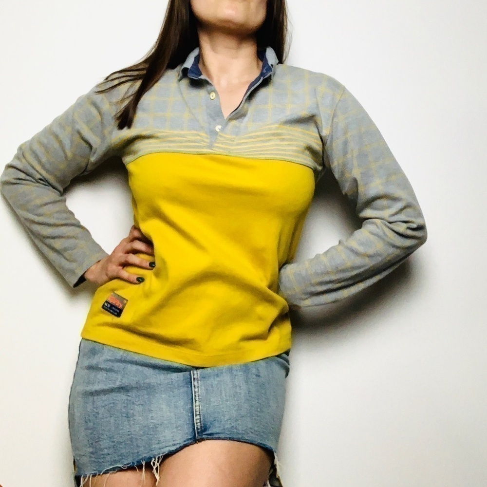 Superdry Long Sleeve Yellow Grey Collared Polo